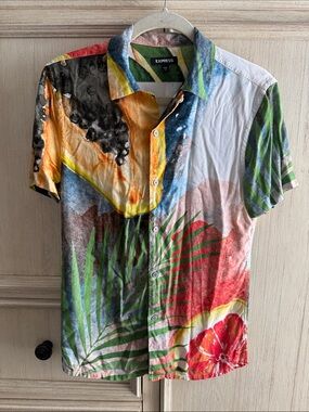 Express Short-Sleeve Button-Down Shirt - Green, Red, Yellow, Blue